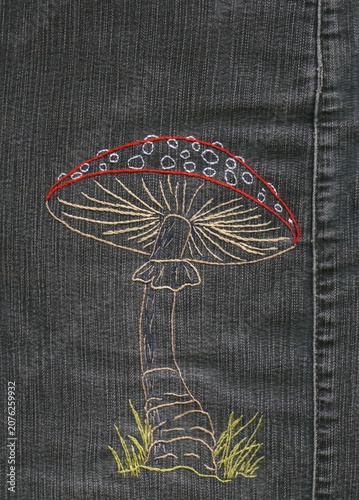 Fotografía fly agaric mushroom, hand embroidery on denim