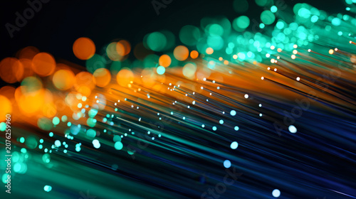 Colorful optical fiber bundle with bright strands and neon dots in dark background
