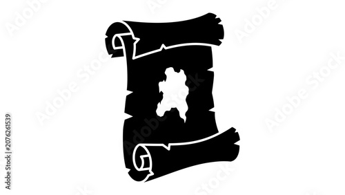 Cuadro en lienzo Ancient Scroll Illustration: A stylized black and white illustration of an old parchment scroll, unfurled and showing a torn map or symbol in its center, evoking a sense of mystery and history