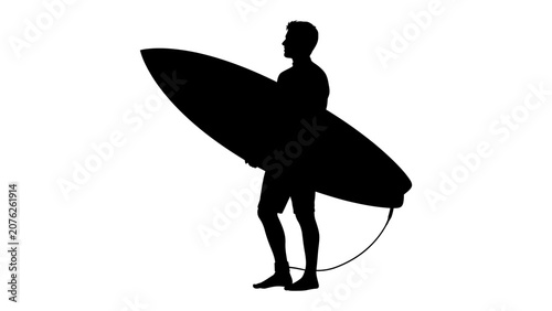 Silhouette of a Surfer: A male surfer stands holding a surfboard, captured in a stark black silhouette against a white background, embodying the spirit of ocean adventure.