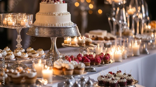 tiered. A festive dessert table featuring a tiered cake as the centerpiece, surrounded by candlelit reflections. symbolizing life milestones and joyful moments.