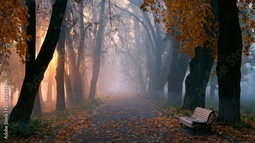 Foggy autumn weather filled the park's alley.