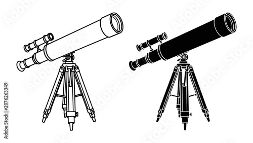 Tableau sur toile Telescope Icons: Two stylized representations of a telescope, one in outline and the other in solid black, both mounted on a tripod, perfect for scientific or astronomical themes