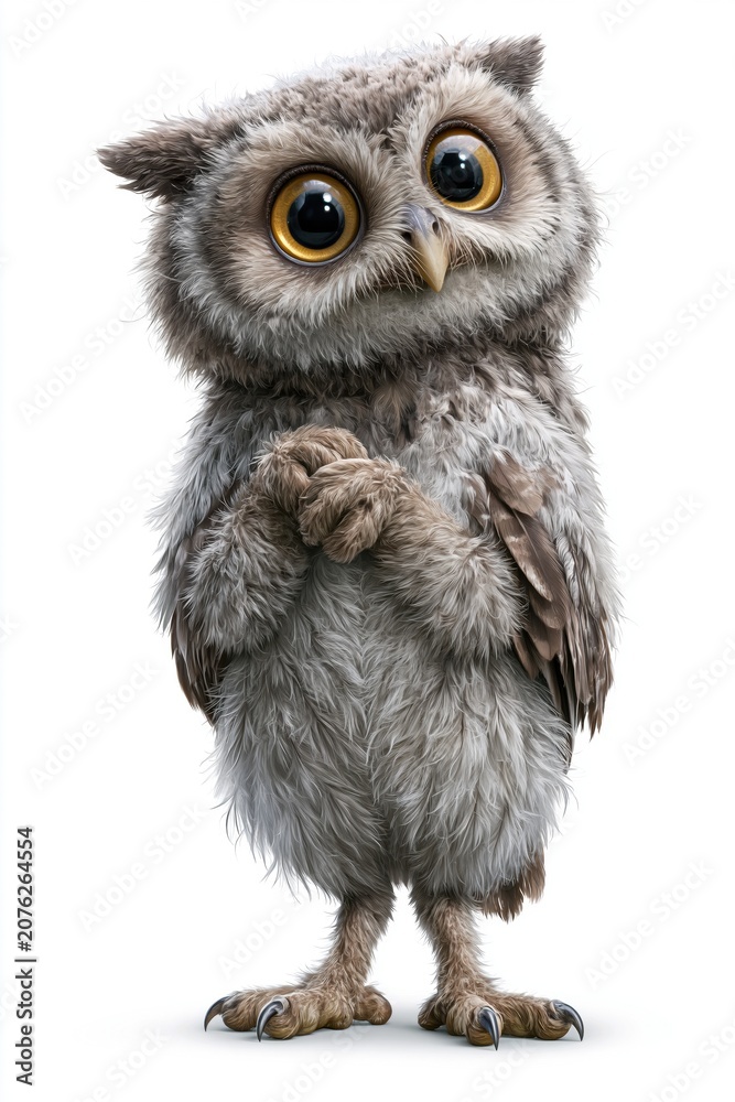 Obraz premium small owl with fluffy feathers stands on two feet. Its large round eyes look curious. setting shows a plain background with no other details
