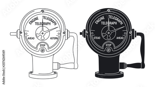 Foto Antique Engine Telegraph Icons: A set of vintage engine telegraph icons, one outlined in black and white, the other in solid black, depicting nautical navigation equipment for controlling ship speed