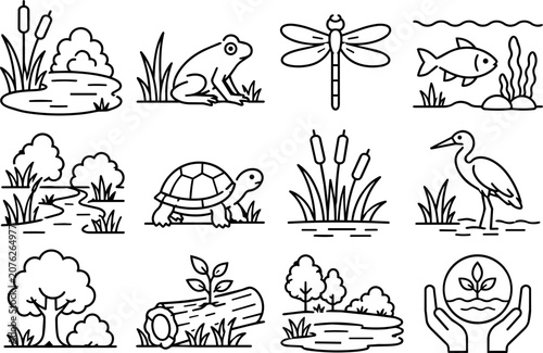 Tableau sur toile Premium Biotope Ecosystem and Wetland Nature Line Art Icon Set