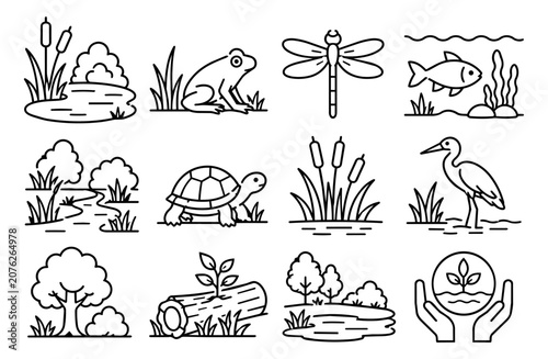 Photos Premium Biotope Ecosystem and Wetland Nature Line Art Icon Set