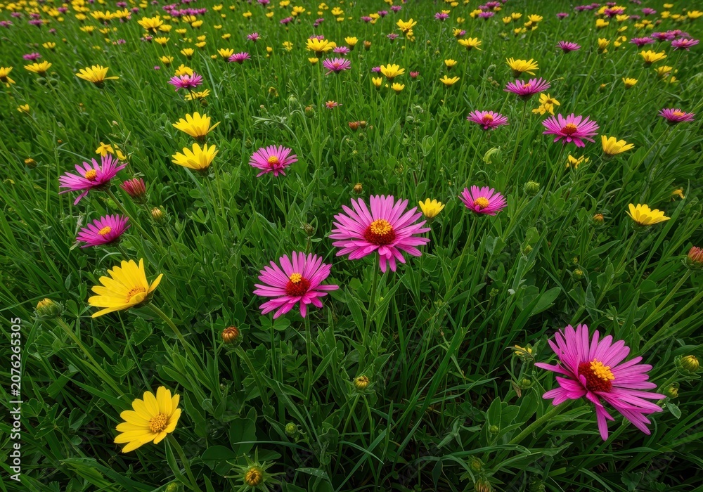 Fototapeta premium Vibrant pink and yellow wildflowers cover a lush green meadow, signifying the arrival of springtime and abundant natural beauty, abundance., spring, field