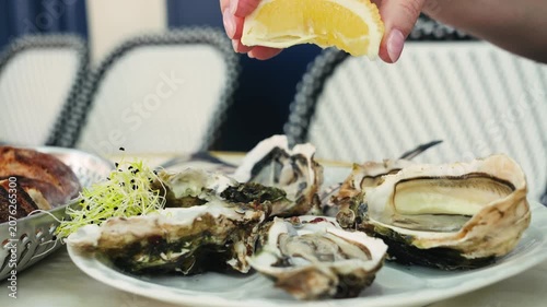 Fresh oysters being drizzled with lemon juice. Gourmet seafood appetizer served in a restaurant. High quality 4k footage