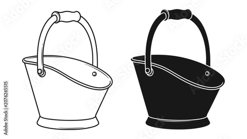 Obraz na plátně Coal Scuttle Pair: A pair of stylized coal scuttles, one outlined in black and white, the other a solid black silhouette, sit side-by-side, showcasing a classic design for carrying fuel