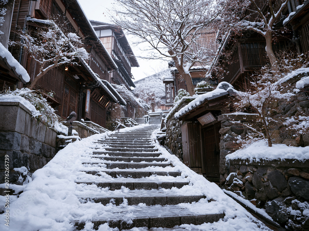 Naklejka premium Snowy Stone Steps in Traditional Japanese Street