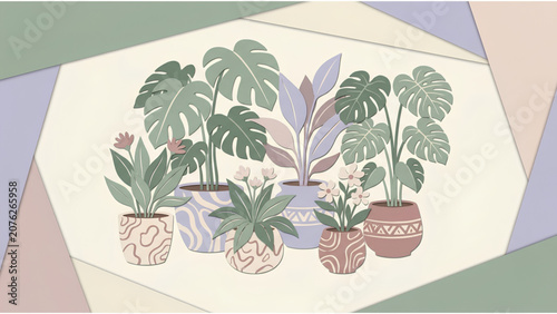 Modern Flat Illustration of Various Potted Tropical Houseplants in Decorative Pots with Geometric Background