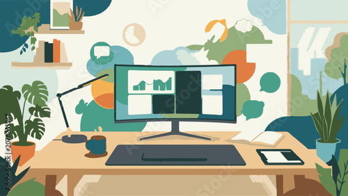 Modern Home Office Workspace Illustration with Computer Monitor Displaying Data Analytics and Charts for Remote Business Work
