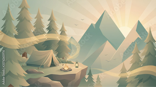 Serene Wilderness Camping Landscape with Mountain View and Cozy Campfire Illustration