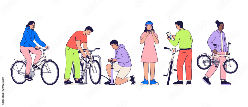 Fototapeta premium People riding bicycles vector illustration set preparing bikes, pumping tires, wearing helmets, and navigating routes for active, healthy, and eco-friendly urban lifestyles on white background.