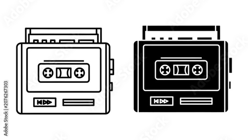 Foto Retro Cassette Player Icons: A duo of vintage cassette players, one in outline and one in solid black, represent a nostalgic nod to analog audio technology