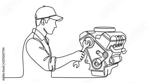 Mechanic repairing car engine with wrench. Continuous line art illustration. Automotive service and maintenance concept