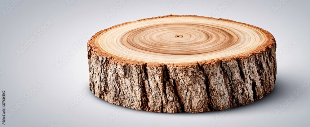 Fototapeta premium Top-down perspective of an aged tree stump cross-section highlighting growth rings and texture on a white background.