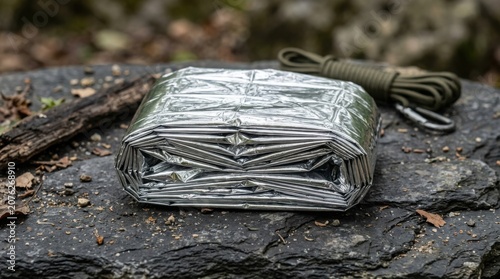 Folded silver emergency thermal blanket on rocky outdoor ground in natural light