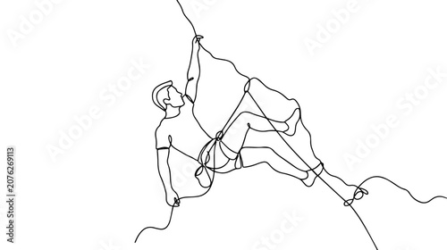 Rock climber scaling a wall with rope. Continuous one line drawing vector illustration. Minimalist extreme sport concept
