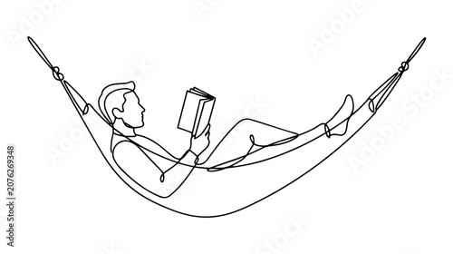 Man reading a book while relaxing in a hammock. Continuous one line drawing illustration. Minimalist vector design