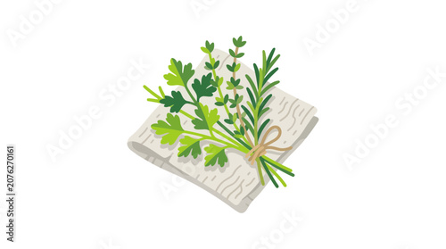 Fresh Herbs Bundle: Parsley, Thyme, Rosemary on White Cloth, Tied with Twine
