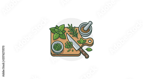 Herbs Preparation on Cutting Board: Basil, Rosemary, Knife, Mortar & Pestle - Flat Design