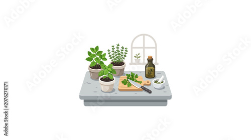 Fresh Herbs and Olive Oil on Kitchen Counter, Healthy Cooking Ingredients