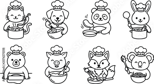 Photography Set of 8 Cute Cartoon Animal Chefs Cooking Outline Icons
