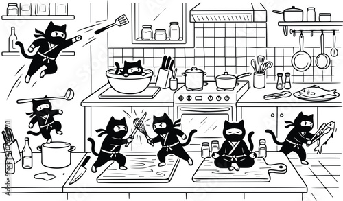 Black and White Cartoon Ninja Cats Cooking in Kitchen Illustration