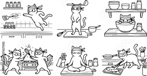 Black and White Cartoon Ninja Cats Cooking in Kitchen Illustration