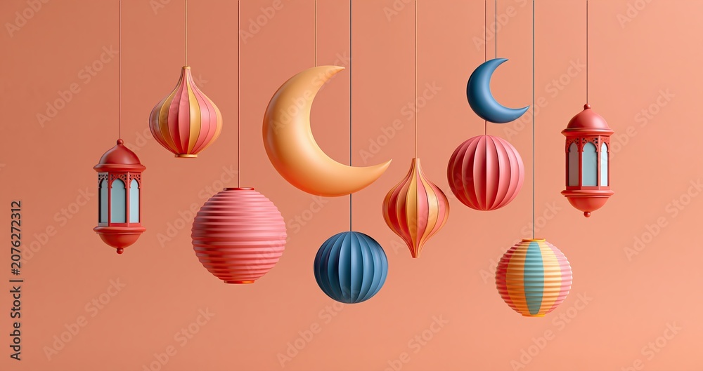 Fototapeta premium Festive Eid banner featuring colorful crescent moons and lanterns, creating a warm and cheerful holiday vibe.