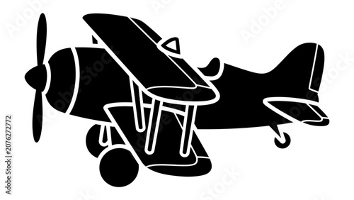 Obraz na płótnie Biplane Silhouette: A striking black silhouette of a vintage biplane, showcasing its classic design with two wings and a propeller, ready for an aerial adventure