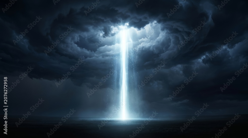 Fototapeta premium A powerful beam of light from dark clouds representing a mysterious extraterrestrial arrival.