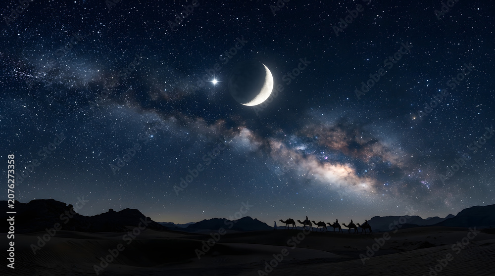 Fototapeta premium Starry Night Sky with Bright Stars Full Moon and Mountain Silhouettes Under a Clear Blue Galaxy Landscape