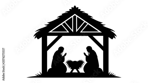 Fotografie Nativity Scene Silhouette: A solemn silhouette depicts the sacredativity scene with Mary and Joseph kneeling beside a manger, embodying the spirit of Christmas and faith