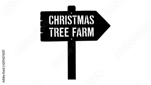 Canvastavla Christmas Tree Farm Signpost: A stark black signpost, shaped like an arrow, points the way to a Christmas tree farm, a rustic marker for seasonal holiday shopping