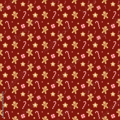 Christmas sweets seamless pattern, vector gingerbread man candy cane and peppermint background, festive holiday repeating cookie ornament