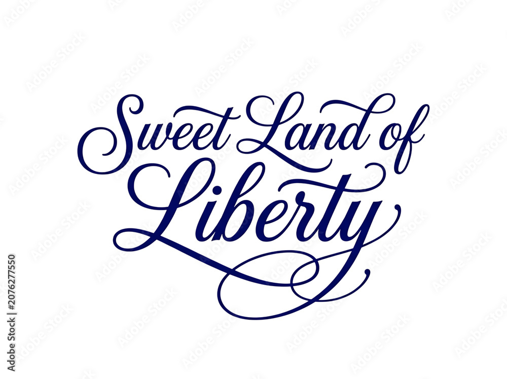 Fototapeta premium Elegant Sweet Land of Liberty Script Typography Isolated on a Dark Black Background for Graphics.
