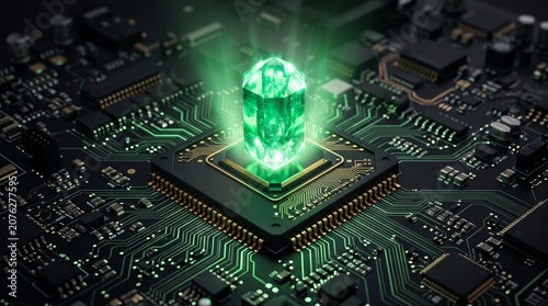Glowing Emerald Gemstone Integrated on Advanced Motherboard Processor Chip for Futuristic Computing and Digital Data Security Concept