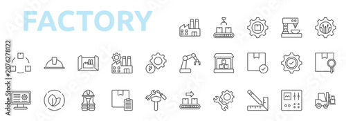 Factory icon set outline style with factory, production, manufacturing, machine, conveyor, assembly, automation icons