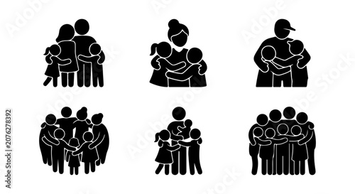 Obraz na plátně Family Hugs Icon Set, Diverse People Embracing, Stick Figure Love, Unity, Connec
