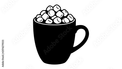 Photos Hot Chocolate with Marshmallows: A stylized illustration of a dark mug filled to the brim with fluffy white marshmallows, hinting at a warm, comforting beverage