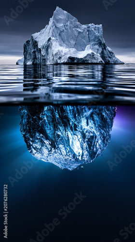 massive iceberg with vast underwater section in arctic ocean, enormous iceberg floating in cold polar waters, arctic iceberg revealing hidden underwater mass in deep blue sea