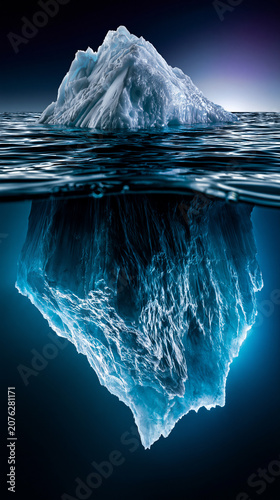 massive iceberg with vast underwater section in arctic ocean, enormous iceberg floating in cold polar waters, arctic iceberg revealing hidden underwater mass in deep blue sea