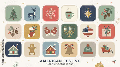 American festive icons showcase holiday symbols and decorations