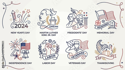 American federal holidays icons set with historical events and celebrations