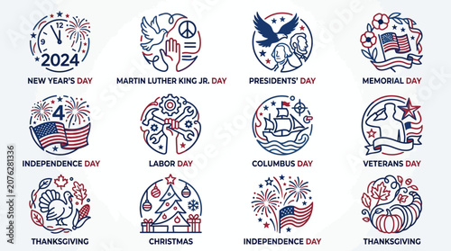 Holidays and celebrations icons with American symbols and flags