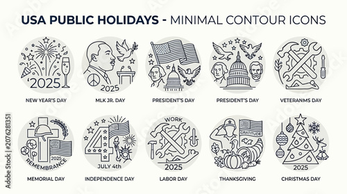 USA public holidays icons show various celebrations and events.