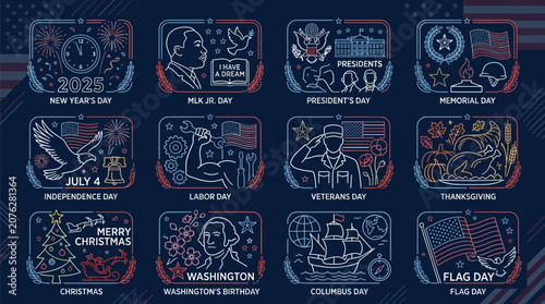 Holidays and Events Icons Displayed on Dark Background with American Flags